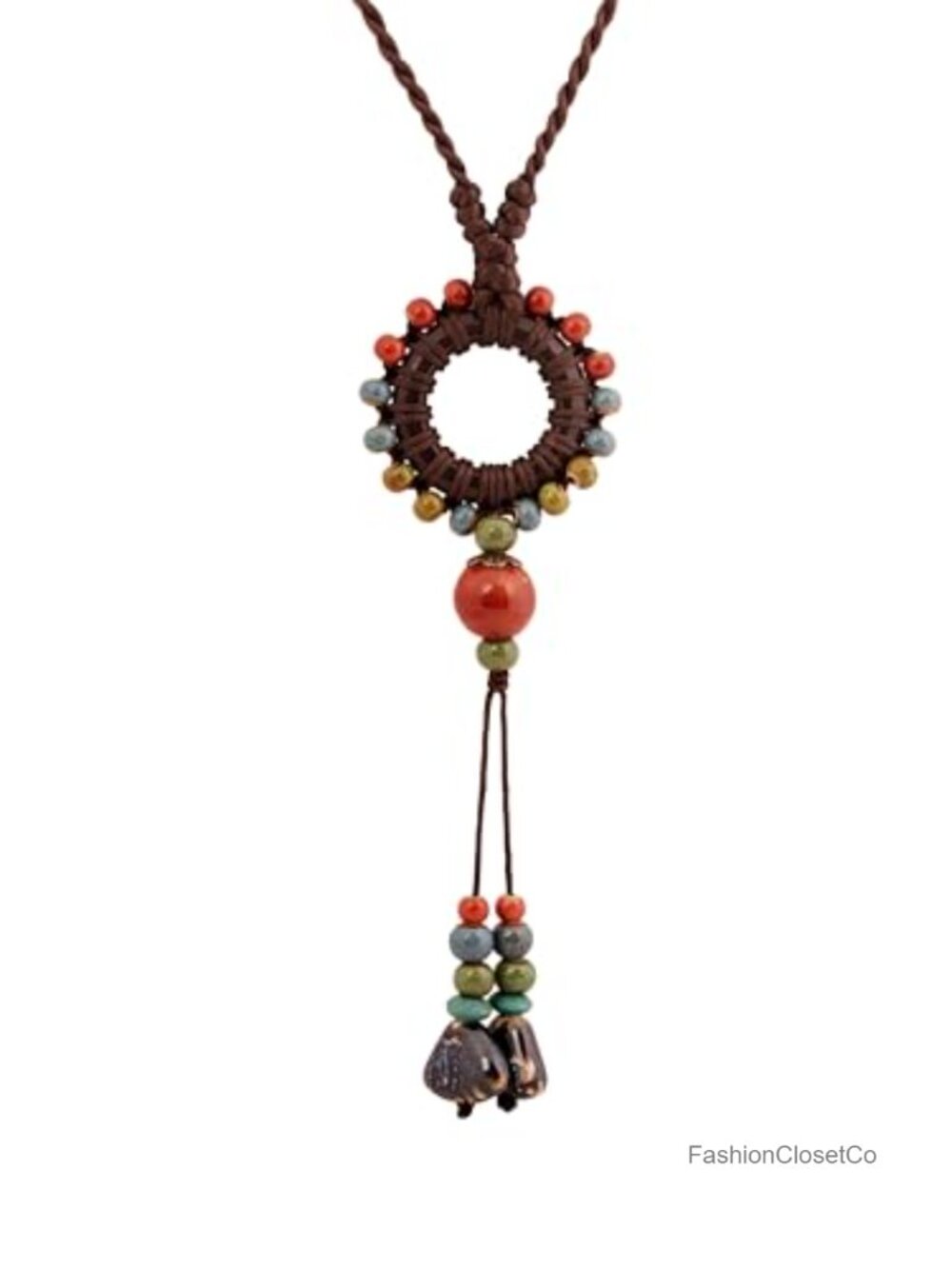 Boho Ceramic Bead O Ring Charm Long Y Necklace Adjustable Cord